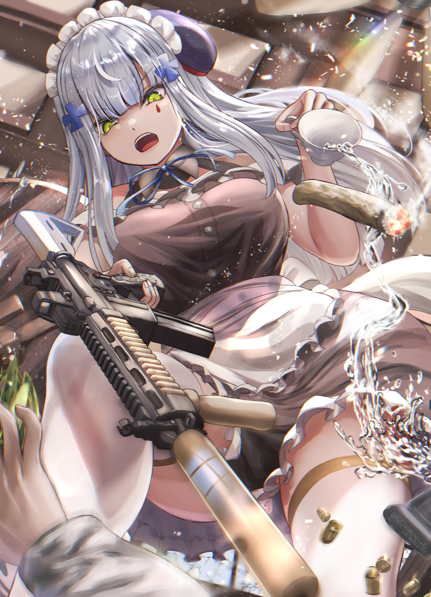 1girl apron assault_rifle black_dress blue_hair blunt_bangs breasts commentary_request cup dress facial_mark from_below girls'_frontline green_eyes gun h&amp;k_hk416 highres hk416_(girls'_frontline) holding holding_cup holding_gun holding_weapon large_breasts light_blue_hair looking_at_viewer looking_down maid_apron maid_headdress neck_ribbon open_mouth out_of_frame pov ribbon rifle sabakuomoto solo_focus suppressor teardrop_facial_mark thighhighs weapon white_thighhighs