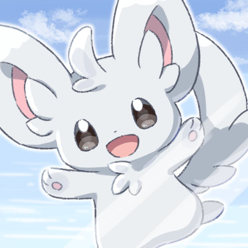 animal_focus arms_up black_eyes blue_background blue_sky cloud commentary_request dutch_angle gradient_background gradient_sky happy highres looking_at_viewer minccino neko_gyoza no_humans open_mouth outline outstretched_arms partial_commentary pawpads pokemon pokemon_(creature) sky smile solo spread_arms straight-on white_outline