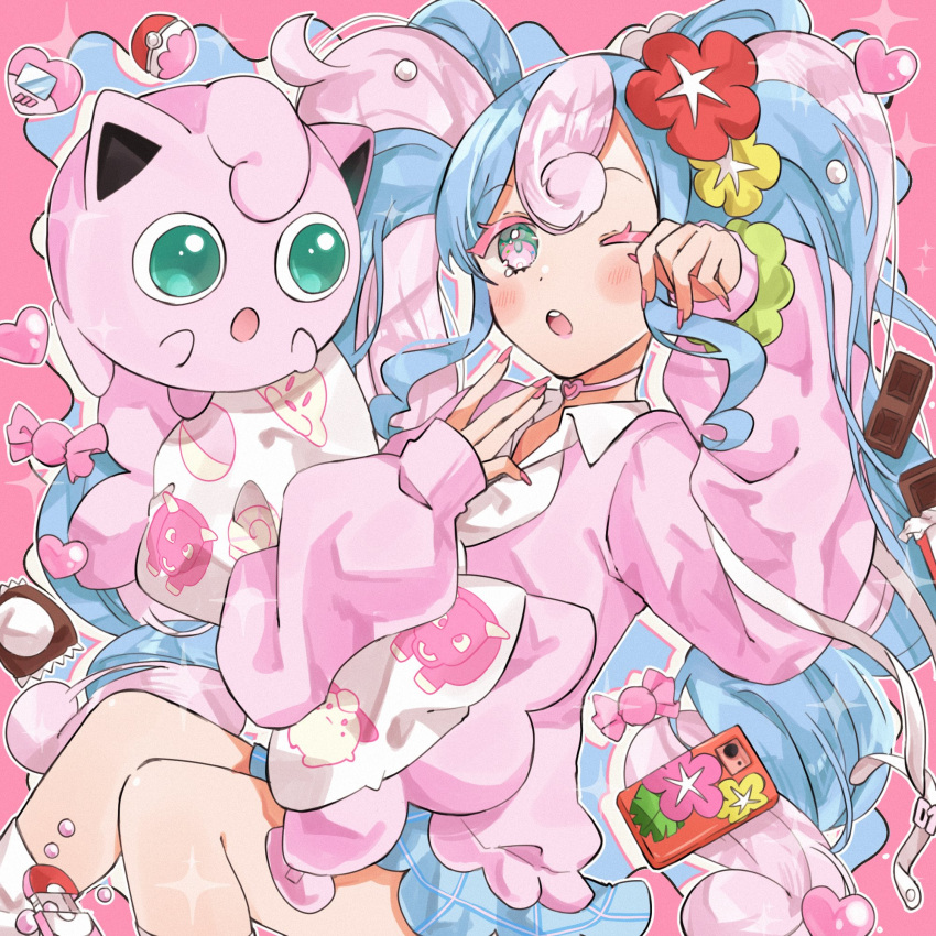 1girl :o blue_hair blue_skirt blush candy cellphone chocolate chocolate_bar choker colored_eyelashes commentary_request curly_hair fairy_miku_(project_voltage) flower food hachimiya_mumu hair_ornament hatsune_miku heart heart_choker highres jigglypuff long_hair long_sleeves looking_at_viewer miniskirt multicolored_hair nail_polish one_eye_closed open_mouth phone pillow pink_background pink_choker pink_eyes pink_hair pink_nails pink_sweater pink_theme pokemon pokemon_(creature) project_voltage red_flower scrunchie sidelocks sitting skirt smartphone sparkle sweater twintails two-tone_hair very_long_hair vocaloid wrist_scrunchie yawning yellow_flower yellow_scrunchie