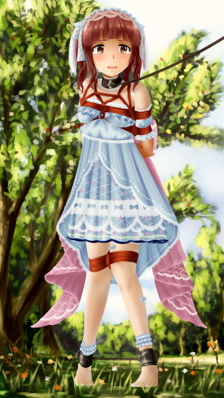 absurdres animal_ears ankle_cuffs aqua_dress arms_behind_back bdsm blush bondage bound bow bowtie breasts brown_eyes crying crying_with_eyes_open dress forest frilled_dress frills highres hiru-kun_no_ami idolmaster idolmaster_cinderella_girls legs_apart looking_at_viewer nature no_shoes ogata_chieri rabbit_ears red_hair rope see-through see-through_legwear small_breasts tears twintails walking