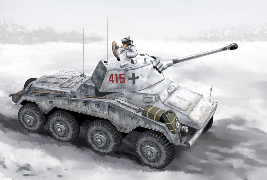 armored_vehicle binoculars camouflage cannon cleaver cross hammer hat hatch headset highres holding holding_binoculars long_sleeves military military_hat military_vehicle muzzle_device oil_can on_vehicle original sdkfz_234 shears shovel smoke_grenade_launcher snow snow_shovel turret wheel white_background world_war_ii zuotian_de_yu