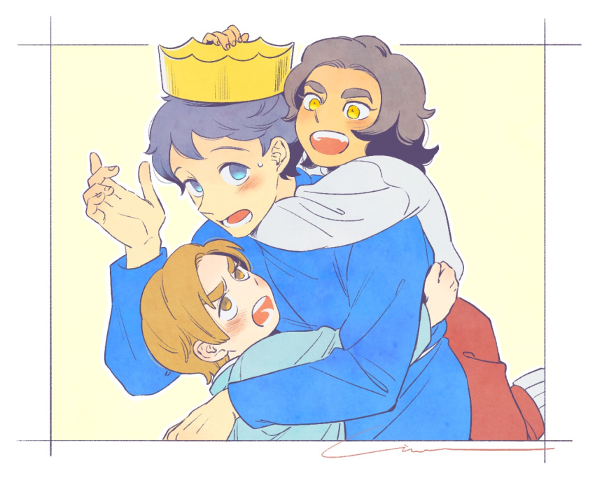 3boys age_switch aged_down aged_up black_hair blonde_hair blue_eyes blue_shirt blue_tunic blush bojji border child commentary_request crown domas hand_up hug hug_from_behind long_sleeves looking_at_viewer loveless516 male_child male_focus multiple_boys open_mouth ousama_ranking outside_border oyabu pants parted_bangs red_pants round_teeth shirt short_hair signature simple_background sweatdrop teeth tunic v-shaped_eyebrows white_border white_shirt yellow_background yellow_eyes