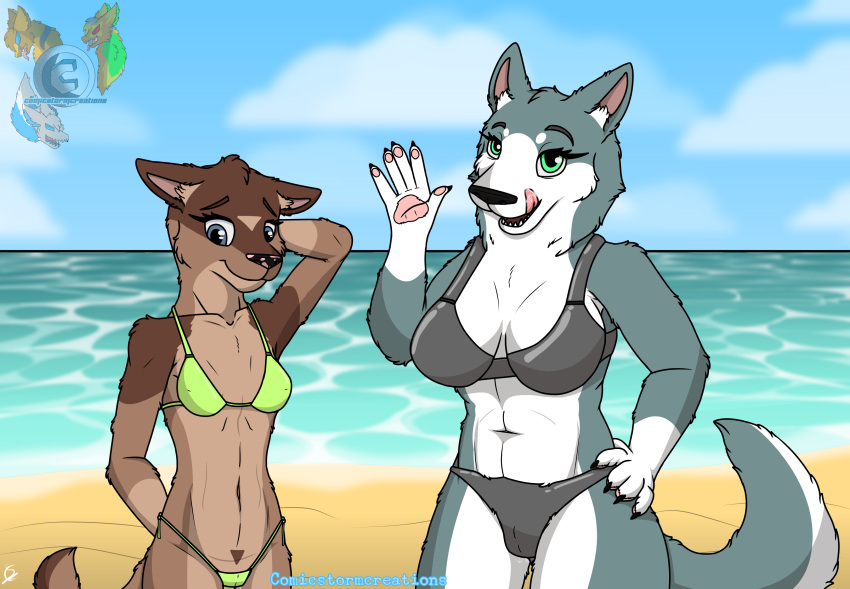 2023 5_fingers absurd_res akita anthro beach big_breasts bikini bikini_bottom bikini_top blue_body blue_eyes blue_fur breasts brown_body brown_fur canid canine canis claws clothed clothing comicstormcreations daughter digital_drawing_(artwork) digital_media_(artwork) domestic_dog duo ears_down eyebrows eyelashes female female/female fingers fur green_bikini green_clothing green_eyes green_swimwear hair hi_res holidays humanoid_hands husky inner_ear_fluff licking licking_lips long_tail looking_at_viewer mammal markings mature_female medium_breasts mother mother_and_child mother_and_daughter nature navel nordic_sled_dog open_mouth open_smile outside parent parent_and_child pivoted_ears sand sea seaside shaded shoreline short_hair simple_background size_difference sky slim small_waist smile spitz string_bikini swimwear tail tan_body tan_fur thick_thighs tongue tongue_out tuft underwear water white_body white_fur wide_hips