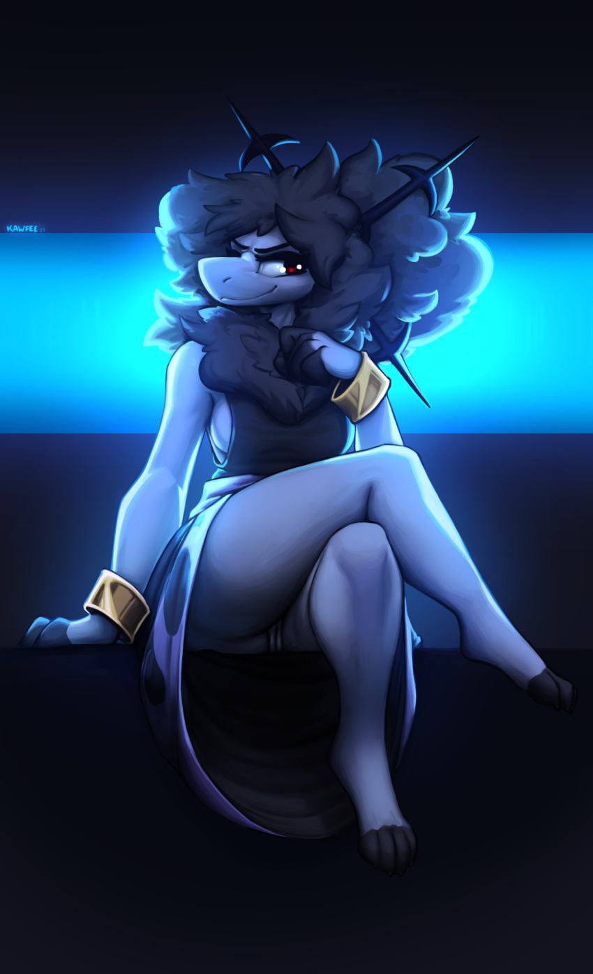 anthro blue_body breasts clothed clothing crossed_legs female genitals hi_res kawfee looking_at_viewer no_underwear pussy red_eyes side_boob solo