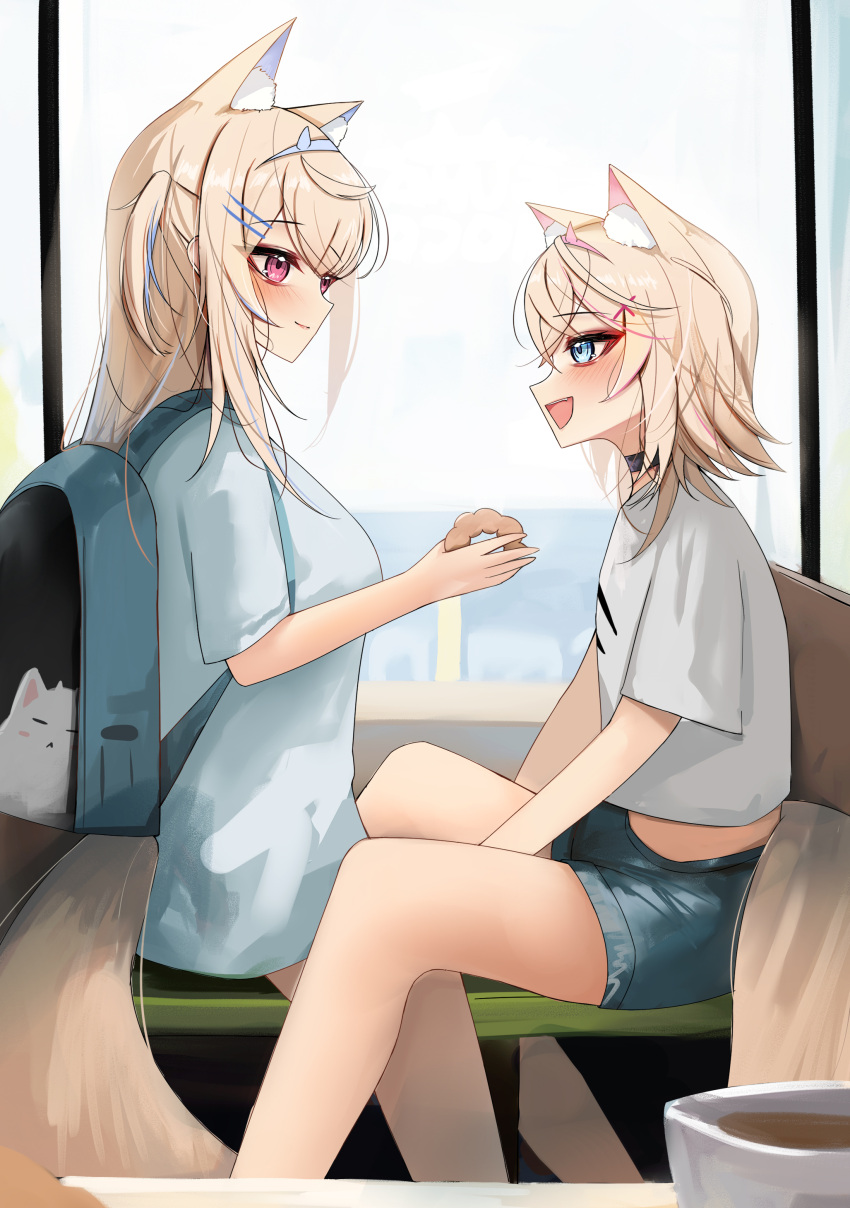 2girls absurdres animal_ear_fluff animal_ears backpack bag black_bag black_collar blonde_hair blue_hair blue_shirt blush breasts closed_mouth collar cropped_shirt dog_ears dog_girl dog_tail doughnut food fuwawa_abyssgard hair_ornament hairpin highres holding holding_food hololive hololive_english large_breasts long_hair looking_at_another medium_hair mococo_abyssgard multiple_girls open_mouth perroccino_(fuwamoco) pink_hair rifufu shirt short_shorts shorts siblings sisters small_breasts smile striped tail twins virtual_youtuber white_shirt