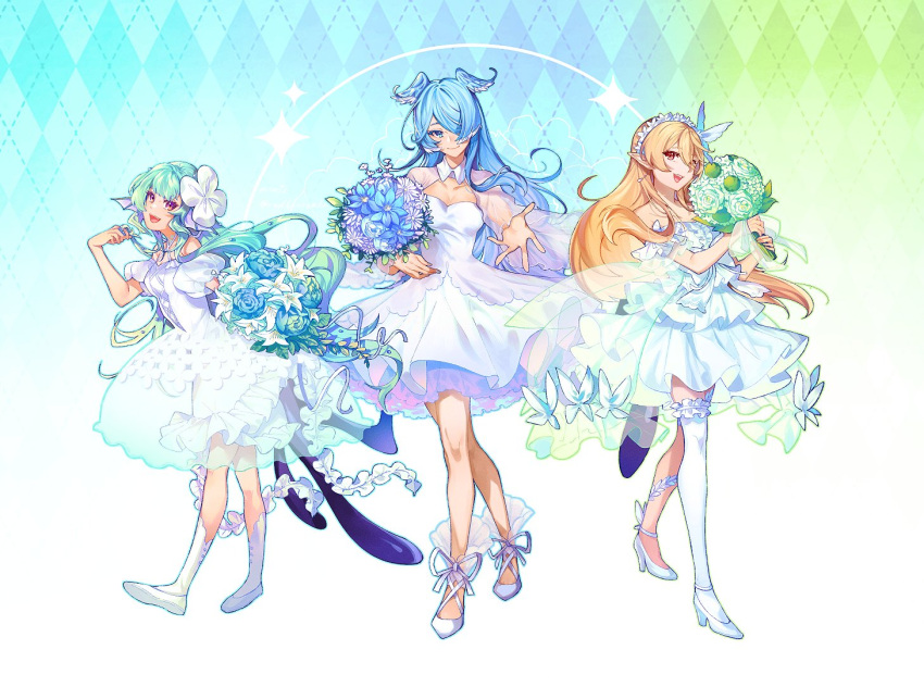 3girls blonde_hair blue_eyes blue_hair bouquet closed_mouth dress elira_pendora finana_ryugu full_body green_hair grey_hair hair_over_one_eye head_wings high_heels holding holding_bouquet lazulight long_hair looking_at_viewer multiple_girls nijisanji nijisanji_en open_mouth pointy_ears pomu_rainpuff purple_eyes reaching reaching_towards_viewer red_eyes redricewine short_sleeves sleeveless sleeveless_dress smile standing very_long_hair virtual_youtuber white_dress white_footwear wings