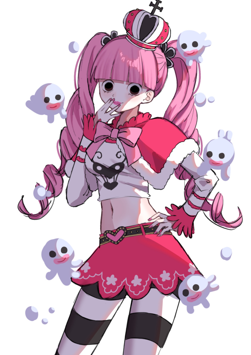 1girl belt black_belt black_eyes bow breasts capelet crop_top crown drill_hair ghost hand_on_own_hip heart_belt highres long_hair looking_at_viewer medium_breasts midriff mochi_mochi052 navel one_piece perona pink_bow pink_capelet pink_hair pink_nails pink_skirt shirt simple_background skirt smile standing striped striped_thighhighs thighhighs twintails very_long_hair white_background white_shirt