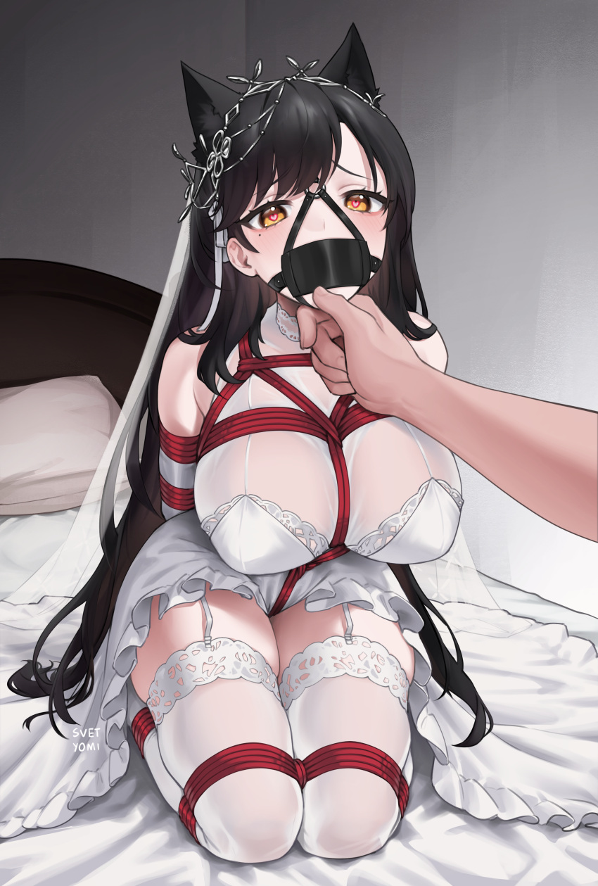 1girl absurdres animal_ears arms_behind_back atago_(azur_lane) azur_lane bare_shoulders bdsm bed black_hair blush bondage bound bound_arms bound_legs breast_bondage breasts bridal_veil crotch_rope dog_ears dress elbow_gloves frilled_dress frills gagged garter_straps gloves grabbing_another's_chin hair_behind_ear hair_ribbon hand_on_another's_chin headpiece heart heart-shaped_pupils highres large_breasts long_hair looking_at_viewer mole mole_under_eye o-ring on_bed pillow red_rope ribbon rope see-through seiza shibari shibari_over_clothes sitting solo_focus svet_yomi swept_bangs symbol-shaped_pupils thighhighs thighs veil very_long_hair wedding_dress white_dress white_gloves white_ribbon white_thighhighs yellow_eyes zettai_ryouiki