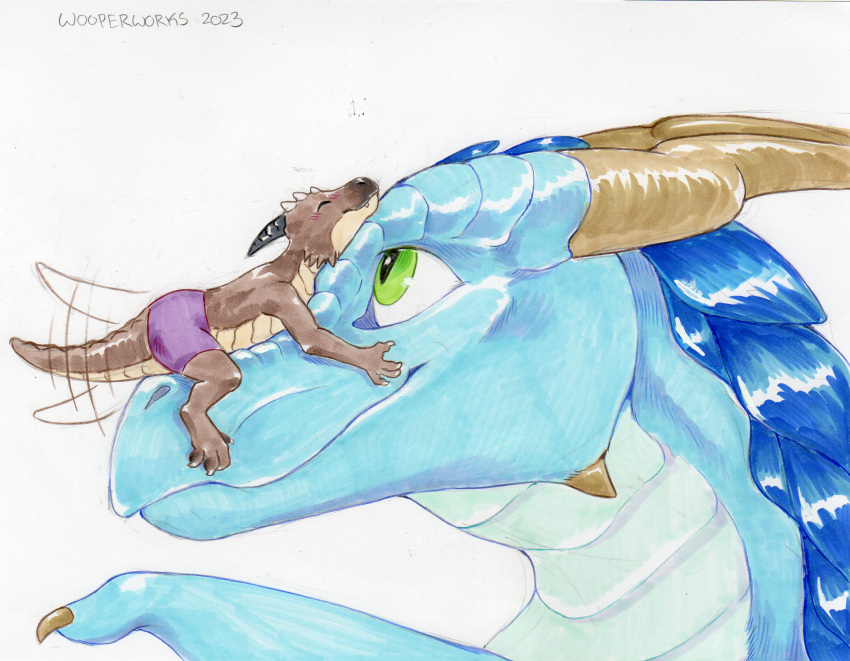 2023 absurd_res anthro blue_body blue_scales bottomwear brown_body brown_scales bryce_daeless cheek_horn claws clothing countershading cute_fangs dipstick_muzzle dragon duo embrace eyes_closed face_hugging feral green_eyes hi_res horn hug hugging_head kian_(doesnotexist) kobold male pupils rikkoshaye scales scalie shorts size_difference slit_pupils smile tail tail_motion tailwag tan_body tan_scales toe_claws traditional_media_(artwork)