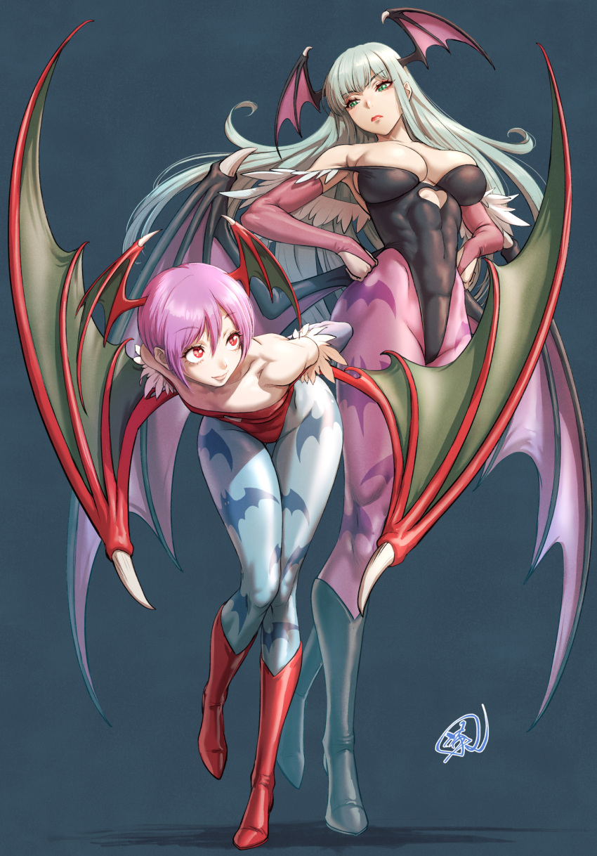 2girls abs animal_print arms_behind_back artist_name bare_shoulders bat_print boots breasts bridal_gauntlets closed_mouth commentary_request demon_wings feather_trim flat_chest fujii_eishun full_body gradient_background green_eyes grey_hair hands_on_own_hips head_wings highleg highleg_leotard highres knee_boots large_breasts leaning_forward leotard light_smile lilith_aensland lips long_hair low_wings morrigan_aensland multiple_girls pantyhose purple_hair red_eyes shadow short_hair signature simple_background strapless strapless_leotard vampire_(game) wings