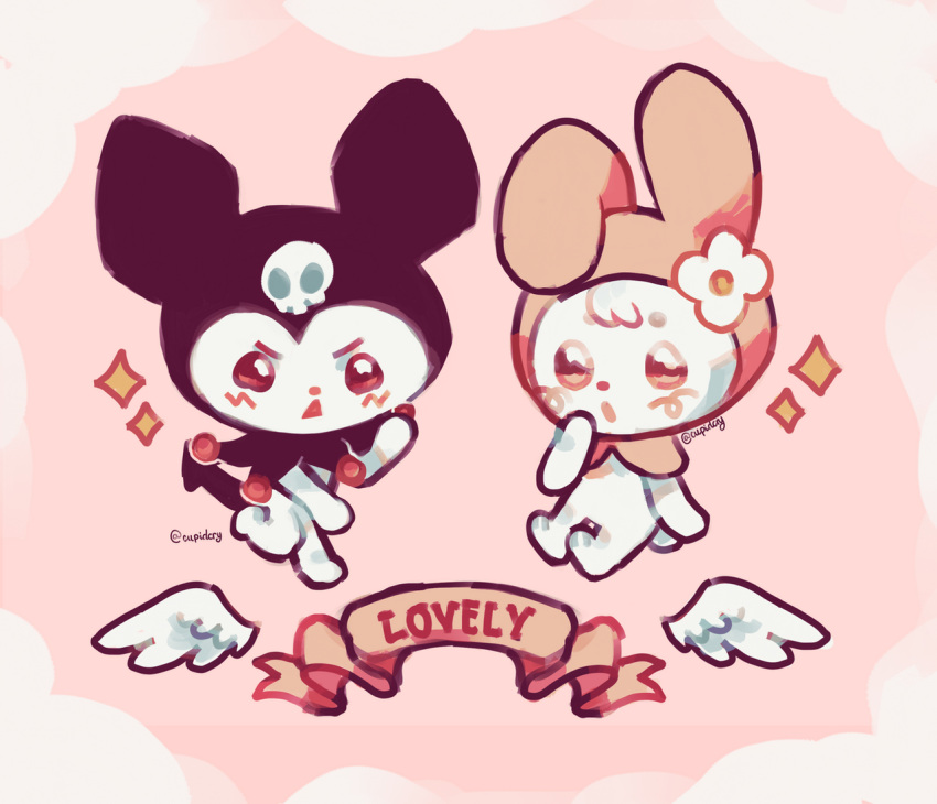 blush cupidcry demon duo female flower kuromi lagomorph leporid mammal my_melody onegai_my_melody open_mouth pink_background plant rabbit sanrio simple_background white_flower wings