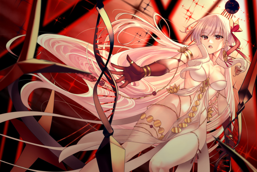 1girl armlet bare_shoulders belly_chain blush body_markings bracelet breasts cleavage collarbone colored_skin durga_(fate) earrings facial_mark fate/grand_order fate_(series) forehead_mark gradient_skin grey_hair hair_ribbon highres jewelry kuroaki large_breasts long_hair looking_at_viewer open_mouth orange_eyes outstretched_arm pelvic_curtain red_skin revealing_clothes revision ribbon sash snake solo thighs thumb_ring very_long_hair weapon