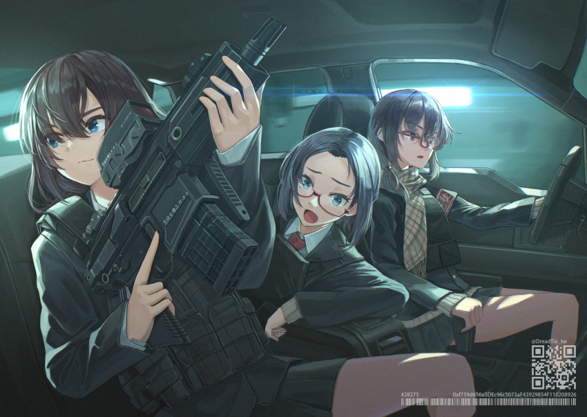 3girls armband black_hair black_jacket black_skirt blue_eyes brown_scarf brown_sweater car_interior closed_mouth collared_shirt dreadtie driving fringe_trim glasses gun hair_between_eyes highres holding holding_gun holding_weapon jacket long_sleeves multiple_girls open_mouth original plaid plaid_scarf pleated_skirt qr_code red-framed_eyewear scarf semi-rimless_eyewear shirt skirt sleeves_past_wrists smile sweat sweater thick_eyebrows twitter_username under-rim_eyewear weapon weapon_request white_shirt