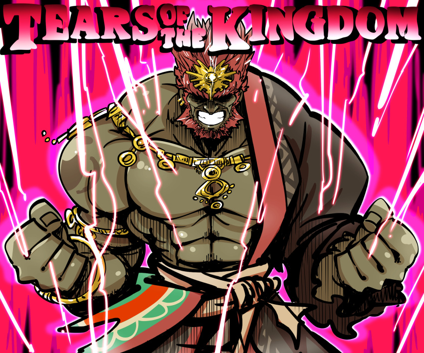 1boy abs absurdres beard clenched_hands commentary_request copyright_name cowboy_shot dark-skinned_male dark_skin eyes_in_shadow facial_hair ganondorf gold gram_9 grin highres jewelry male_focus muscular muscular_male necklace no_nipples pectorals red_background red_hair rehydrated_ganondorf short_hair smile solo the_legend_of_zelda the_legend_of_zelda:_tears_of_the_kingdom topless_male