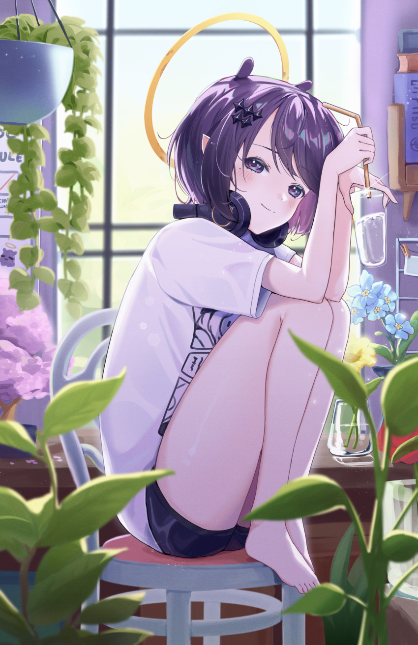 1girl absurdres barefoot black_shorts blue_flower blurry blurry_foreground blush chair closed_mouth commentary cup drinking_straw english_commentary eyelashes feet flower full_body glint gyool hair_ornament halo hands_up hanging_plant headphones headphones_around_neck highres holding holding_cup holding_drinking_straw hololive hololive_english indoors leaf looking_at_viewer mole mole_under_eye ninomae_ina'nis ninomae_ina'nis_(5th_costume) official_alternate_costume on_chair parted_bangs plant pointy_ears print_shirt purple_eyes purple_hair shirt short_hair short_shorts short_sleeves shorts sidelocks smile solo split_mouth squatting swept_bangs t-shirt takodachi_(ninomae_ina'nis) toes vase virtual_youtuber water white_shirt window yellow_flower