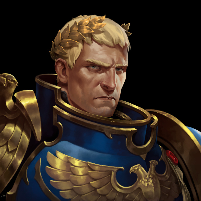 absurdres adrian4rt armor bird black_background blonde_hair blue_armor blue_eyes eagle gold_armor highres imperial_aquila imperium_of_man laurel_crown male_focus power_armor primarch purity_seal roboute_guilliman semi_realisim short_hair simple_background ultramarines warhammer_40k