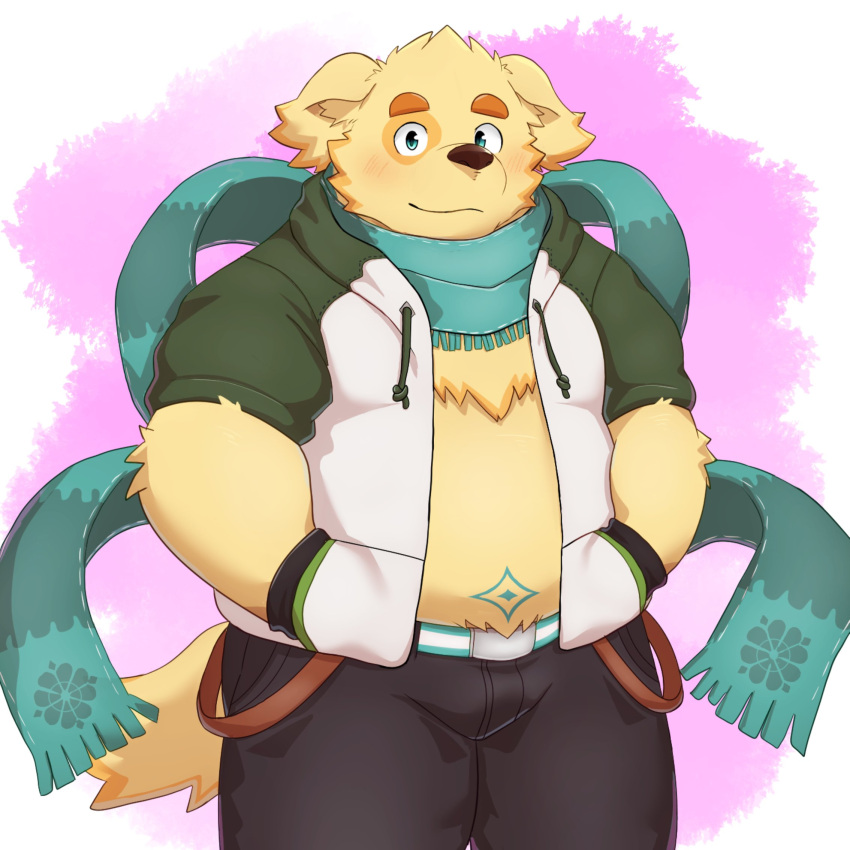 1boy animal_ears bara belly belt chest_tuft closed_mouth cu_sith_(housamo) dog_boy dog_ears dog_tail furry furry_male green_eyes green_scarf hands_in_pockets highres hood hooded_jacket jacket male_focus nyaoru_(ruoain) open_clothes open_jacket pants plump scarf solo stomach_tattoo tail tattoo thick_eyebrows tokyo_afterschool_summoners yellow_fur