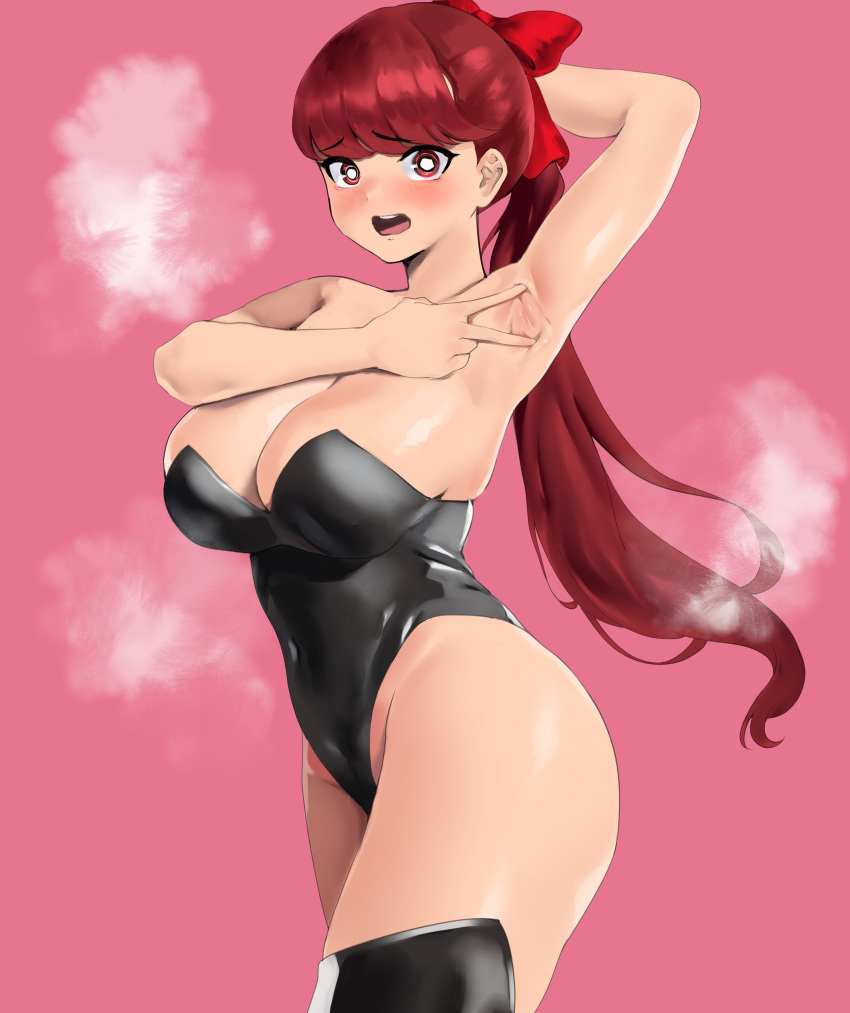 1girl absurdres alternate_breast_size armpit_crease armpit_focus armpits bare_shoulders black_leotard blush bow breasts cleavage collarbone hair_bow hair_ribbon highres large_breasts leotard long_hair looking_at_viewer persona persona_5 persona_5_the_royal ponytail presenting_armpit red_eyes red_hair ribbon sleeveless smile solo spread_armpit thighhighs thighs yoshizawa_kasumi yotamono