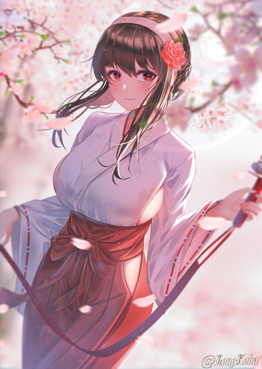 absurdres adapted_uniform black_hair breasts cherry_blossoms clothing_cutout flower hair_flower hair_ornament hairband hakama highres hip_vent japanese_clothes kohaku_komeiji large_breasts light_smile looking_at_viewer miko nontraditional_miko red_eyes red_hakama sideboob sideboob_cutout spy_x_family wide_sleeves yor_briar