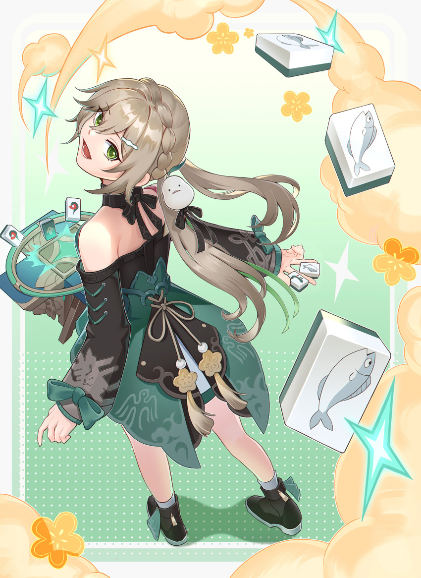 1girl :d bare_shoulders black_choker black_footwear black_shirt braid choker commentary_request crown_braid full_body green_eyes green_skirt grey_hair hair_ornament hairclip highres holding honkai:_star_rail honkai_(series) long_hair long_sleeves looking_at_viewer low_twintails mahjong mahjong_tile off-shoulder_shirt off_shoulder open_mouth qingque_(honkai:_star_rail) shirt shoes skirt smile solo standing tingyu_(490101957) twintails