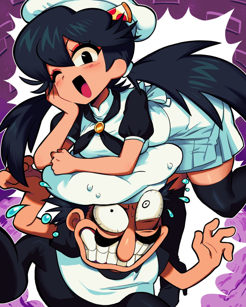 &gt;:) 1boy 1girl ;d absurdres angry asymmetrical_eyes black_footwear black_hair black_pants black_sleeves black_thighhighs breasts brick brick_wall bulging_eyes cartoonized chef chef_hat collar eye_twitch facial_hair flying_sweatdrops food genderswap genderswap_(mtf) hand_on_own_cheek hand_on_own_face hat highres long_mustache medium_breasts mustache one_eye_closed oversized_hat pants peppino_spaghetti pizza pizza_hair_ornament pizza_tower pleated_skirt satanmanse shirt short_twintails skirt smile sweat sweatdrop thighhighs toon_(style) twintails v-shaped_eyebrows white_shirt white_skirt