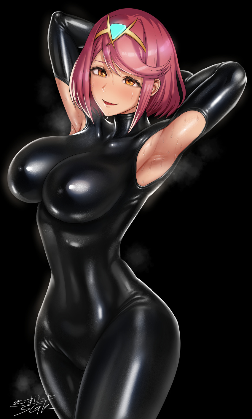 1girl absurdres alternate_costume armpit_cutout armpits arms_behind_head arms_up black_background black_bodysuit blush bodysuit breasts clothing_cutout commentary_request commission cowboy_shot eyebrows_hidden_by_hair hair_between_eyes headpiece highres jewelry large_breasts looking_at_viewer open_mouth pyra_(xenoblade) red_eyes red_hair sgk shiny_clothes short_hair sidelocks signature simple_background skeb_commission smile solo steam sweat swept_bangs tiara xenoblade_chronicles_(series) xenoblade_chronicles_2