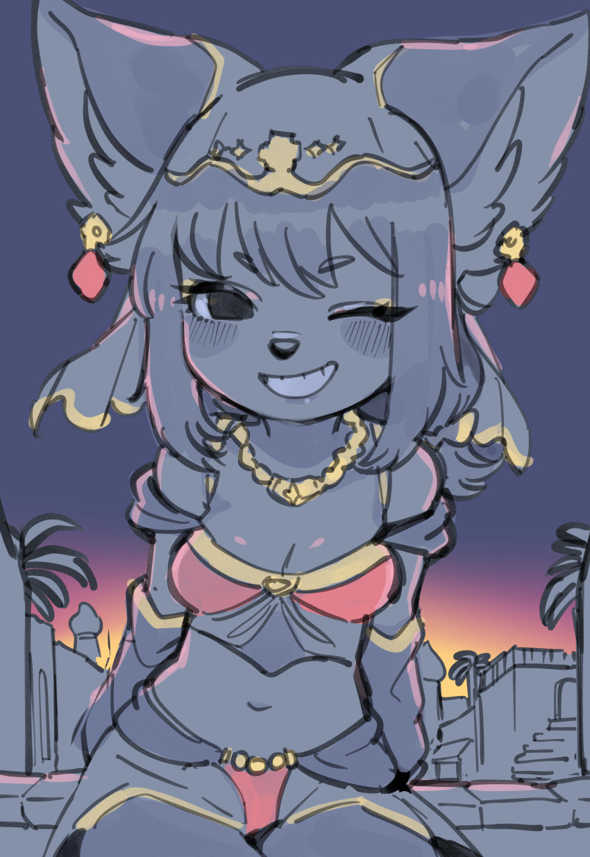 2023 absurd_res anthro arabian_clothing black_eyes black_nose blush canid canine eyelashes female grin hair hi_res hibiki_(oposa) inner_ear_fluff kemono looking_at_viewer mammal navel one_eye_closed oposa sketch smile solo sunset tuft wink