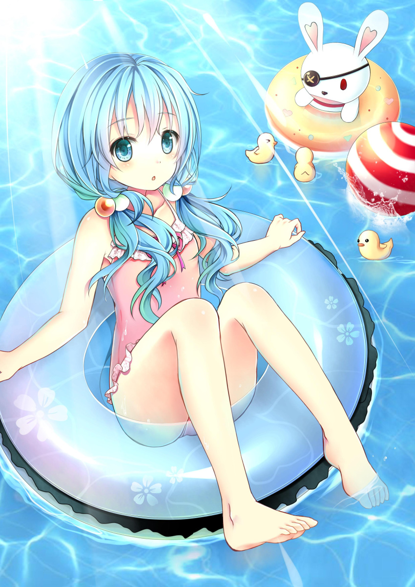 1girl absurdres barefoot bird blue_eyes blue_hair blue_innertube casual_one-piece_swimsuit collarbone date_a_live gyaza hair_between_eyes hair_bobbles hair_ornament highres innertube long_hair looking_at_viewer one-piece_swimsuit open_mouth photoshop_(medium) pink_one-piece_swimsuit sitting solo sunlight swimsuit yoshino_(date_a_live) yoshinon