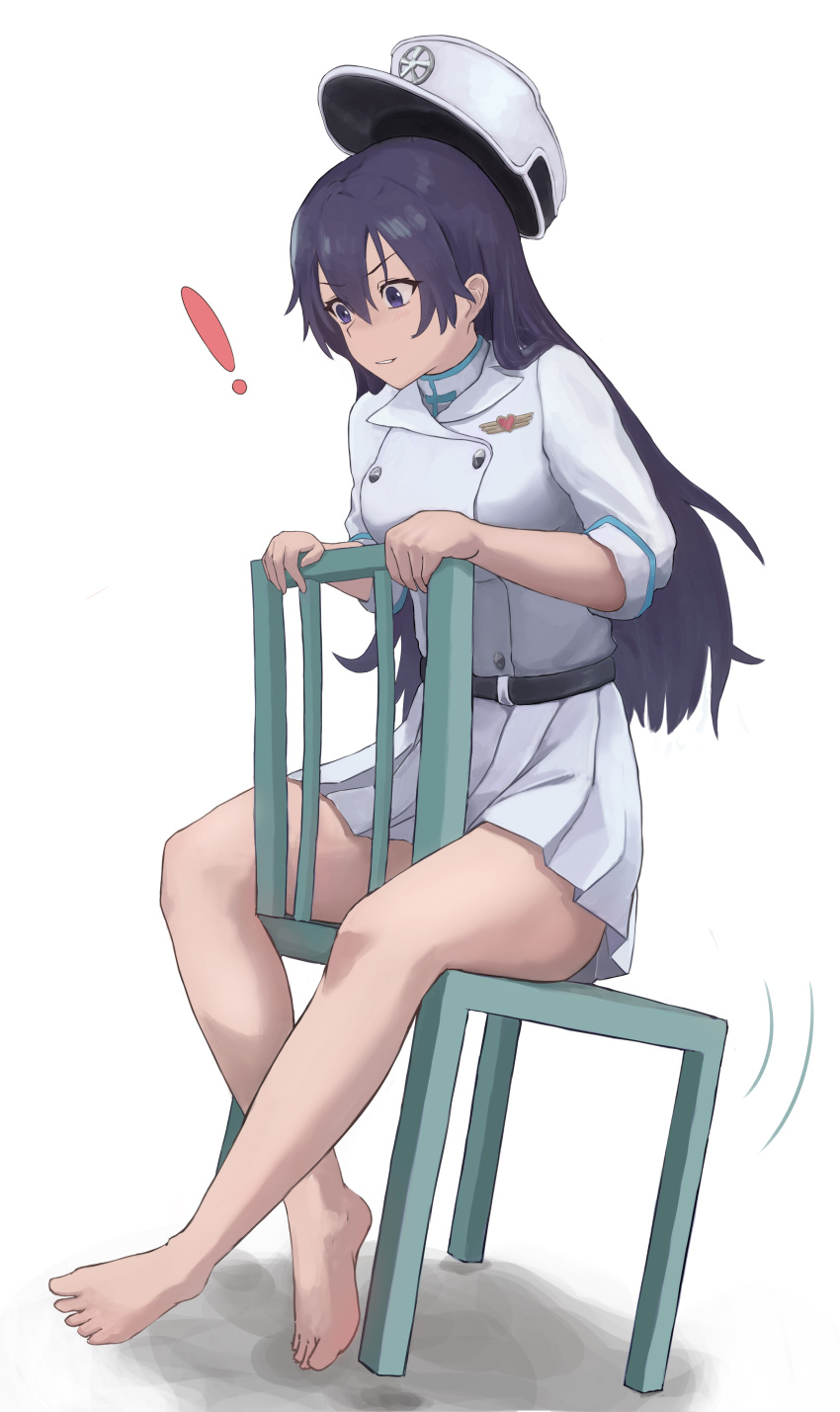 ! 1girl absurdres aisumegane bambietta_basterbine barefoot belt black_belt black_eyes black_hair bleach bleach:_the_thousand-year_blood_war breasts commentary doyagao eyelashes feet full_body hair_between_eyes hat headwear_removed highres holding_chair jacket knees_apart_feet_together large_breasts legs light_blush long_hair long_sleeves looking_down military_hat military_uniform miniskirt motion_lines nose on_chair parted_lips pleated_skirt shaking simple_background sitting skirt sleeves_rolled_up smug solo surprised thighs toes uniform v-shaped_eyebrows wandenreich_uniform white_background white_headwear white_jacket white_skirt