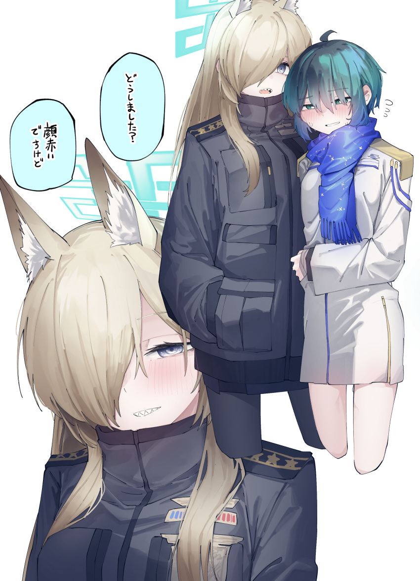 2girls absurdres animal_ears black_jacket black_pantyhose blonde_hair blue_archive blue_eyes blue_halo blue_scarf blush cat_ears female_sensei_(blue_archive) green_eyes green_hair hair_over_one_eye halo highres jacket kanna_(blue_archive) long_hair long_sleeves multiple_girls pantyhose scarf sensei_(blue_archive) short_hair smile speech_bubble translation_request turtleneck vivo_(vivo_sun_0222) white_jacket