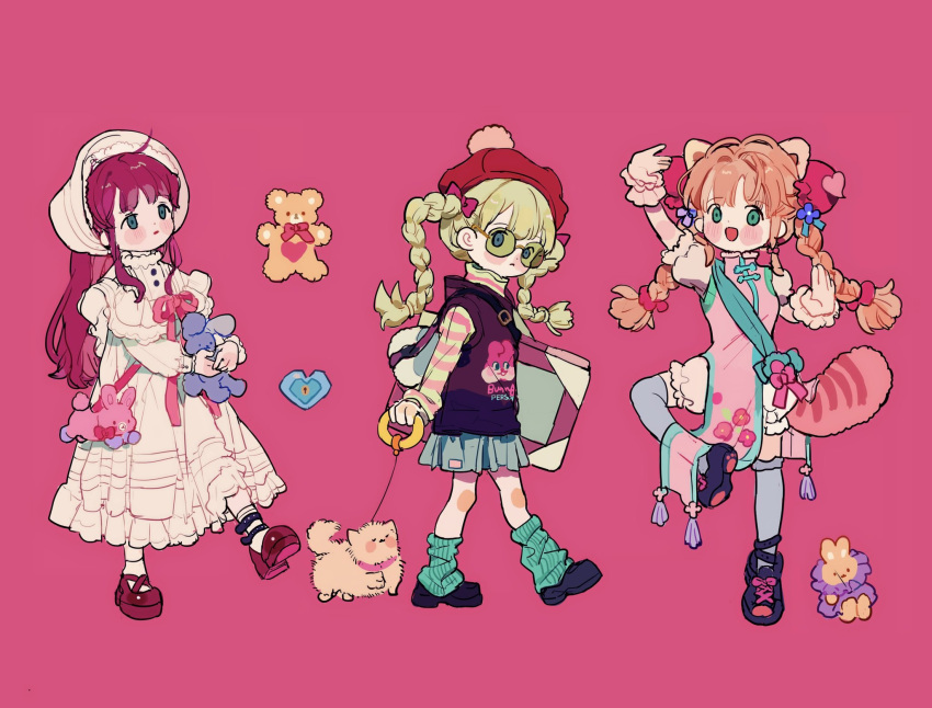 3girls ahoge animal_bag animal_ears antenna_hair aqua_bag aqua_eyes aqua_leg_warmers aqua_ribbon bag beanie belt belt_buckle black_belt black_footwear black_hoodie blonde_hair bloomers blue_eyes blue_skirt blue_socks blush_stickers bonnet bow braid buckle bun_cover buttons capelet china_dress chinese_clothes closed_mouth collar collared_capelet collared_dress commentary cross-laced_footwear dog double_bun dress eyelashes fashion fighting_stance flower footwear_bow frilled_collar frilled_headwear frilled_sleeves frilled_socks frilled_wrist_cuffs frills frown hair_bow hair_bun hair_flower hair_ornament hair_ribbon hat heart high_collar highres holding holding_case holding_leash holding_stuffed_toy hood hood_down hoodie keyhole leash leg_belt leg_up long_dress long_hair looking_at_viewer low_twin_braids mary_janes miniskirt multiple_girls open_mouth orange_hair original over-kneehighs pink_background pink_bag pink_bow pink_dress pink_hair pink_ribbon pink_shirt pleated_skirt pom_pom_(clothes) pom_pom_beanie puffy_short_sleeves puffy_sleeves purple_flower putong_xiao_gou raccoon_ears raccoon_tail red_footwear red_headwear red_lips ribbon round_eyewear shirt shoes short_sleeves shoulder_bag simple_background skirt smile sneakers socks striped striped_shirt stuffed_animal stuffed_rabbit stuffed_toy sunglasses symbol-only_commentary tail tassel teddy_bear thighhighs tinted_eyewear turtleneck twin_braids twintails two-tone_shirt vertical-striped_leg_warmers white_bloomers white_capelet white_dress white_headwear white_shirt white_socks white_wrist_cuffs yellow-framed_eyewear yellow-tinted_eyewear