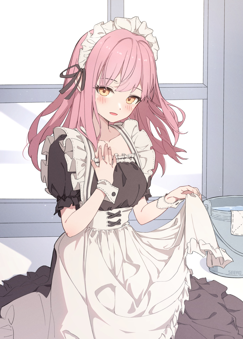 1girl absurdres apron black_dress blush commentary dress english_commentary highres indoors long_hair looking_at_viewer maid maid_apron maid_headdress open_mouth original pink_hair seero short_sleeves smile solo tagme white_apron yellow_eyes