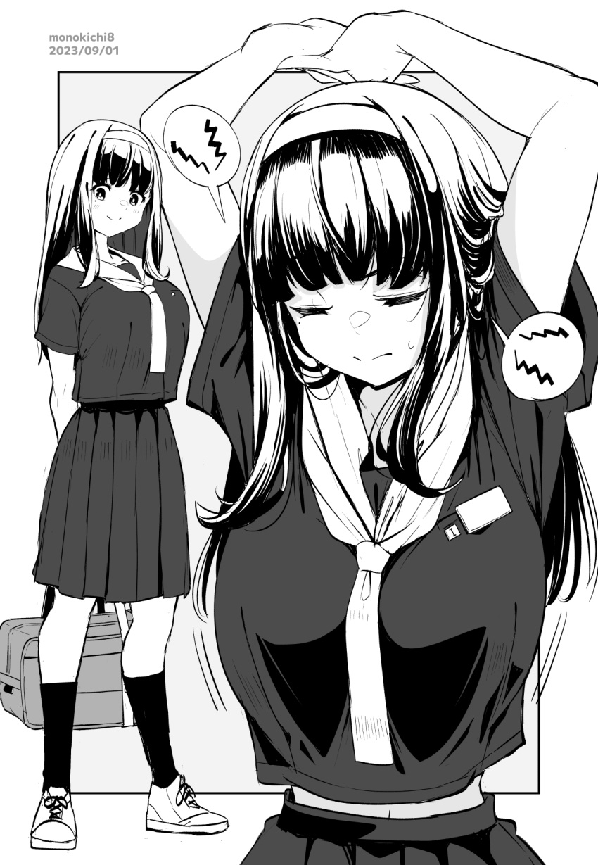 1girl arms_behind_back arms_up artist_name bag breasts closed_eyes closed_mouth commentary_request dated full_body grey_background greyscale hairband highres holding holding_bag kichihachi large_breasts long_hair looking_at_viewer midriff monochrome multiple_views navel original school_uniform serafuku smile socks two-tone_background white_background