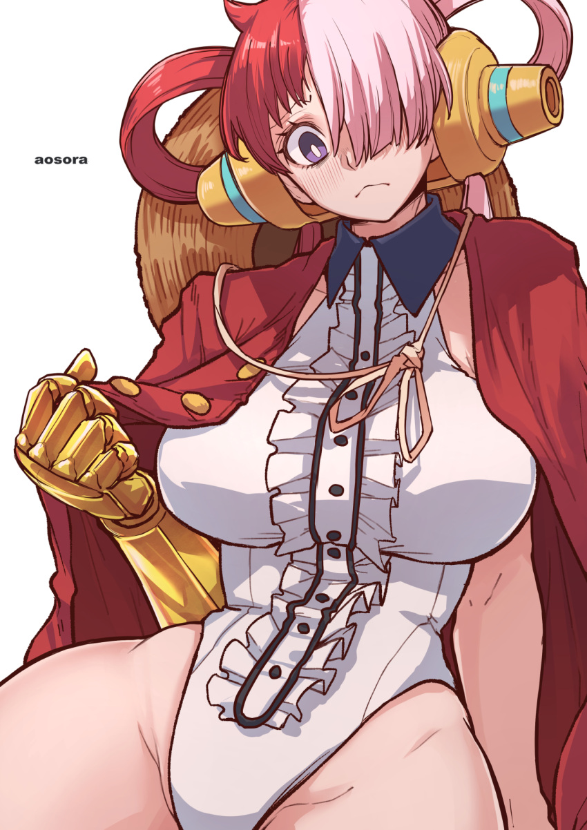 1girl aosora2823 artist_name asymmetrical_bangs blush borrowed_clothes breasts bright_pupils center_frills collared_leotard frills gold_gloves groin hair_over_one_eye hair_rings hat hat_on_back headphones highres large_breasts leotard looking_at_viewer multicolored_hair one_eye_covered one_piece one_piece_film:_red open_clothes open_shirt pink_hair purple_eyes red_hair red_shirt shirt simple_background skindentation solo split-color_hair straw_hat uta_(one_piece) white_background white_leotard white_pupils