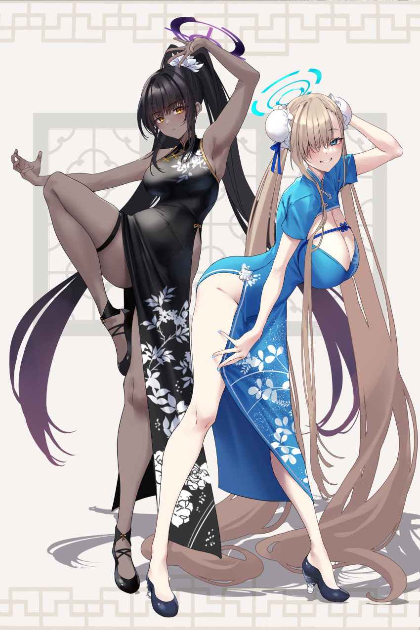 2girls arm_up armpits asuna_(blue_archive) bare_shoulders black_dress black_hair blue_archive blue_dress blue_eyes blue_ribbon blush breasts bun_cover china_dress chinese_clothes cleavage cleavage_cutout clothing_cutout dark-skinned_female dark_skin double_bun dress fukai_ryosuke full_body grin hair_bun hair_over_one_eye hair_ribbon halo high_heels high_ponytail highres karin_(blue_archive) large_breasts light_brown_hair long_hair looking_at_viewer multiple_girls pelvic_curtain ribbon short_sleeves side_slit smile twintails very_long_hair yellow_eyes