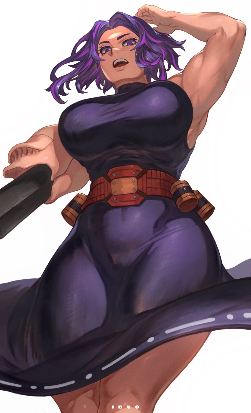 1girl absurdres arm_up armpits belt boku_no_hero_academia breasts dress from_below highres ibuo_(ibukht1015) lady_nagant large_breasts looking_at_viewer mature_female multicolored_hair muscular muscular_female open_mouth pink_hair plump purple_dress purple_eyes purple_hair simple_background sleeveless sleeveless_dress solo standing streaked_hair white_background