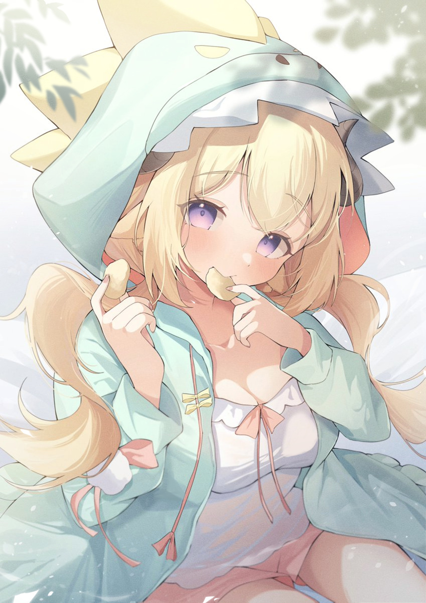 1girl absurdres animal_hood blonde_hair breasts cleavage collarbone commentary eat_some_cookie eating english_commentary food highres holding holding_food hololive hood horns large_breasts long_hair looking_at_viewer low_twintails purple_eyes revision solo thighs tsunomaki_watame twintails virtual_youtuber