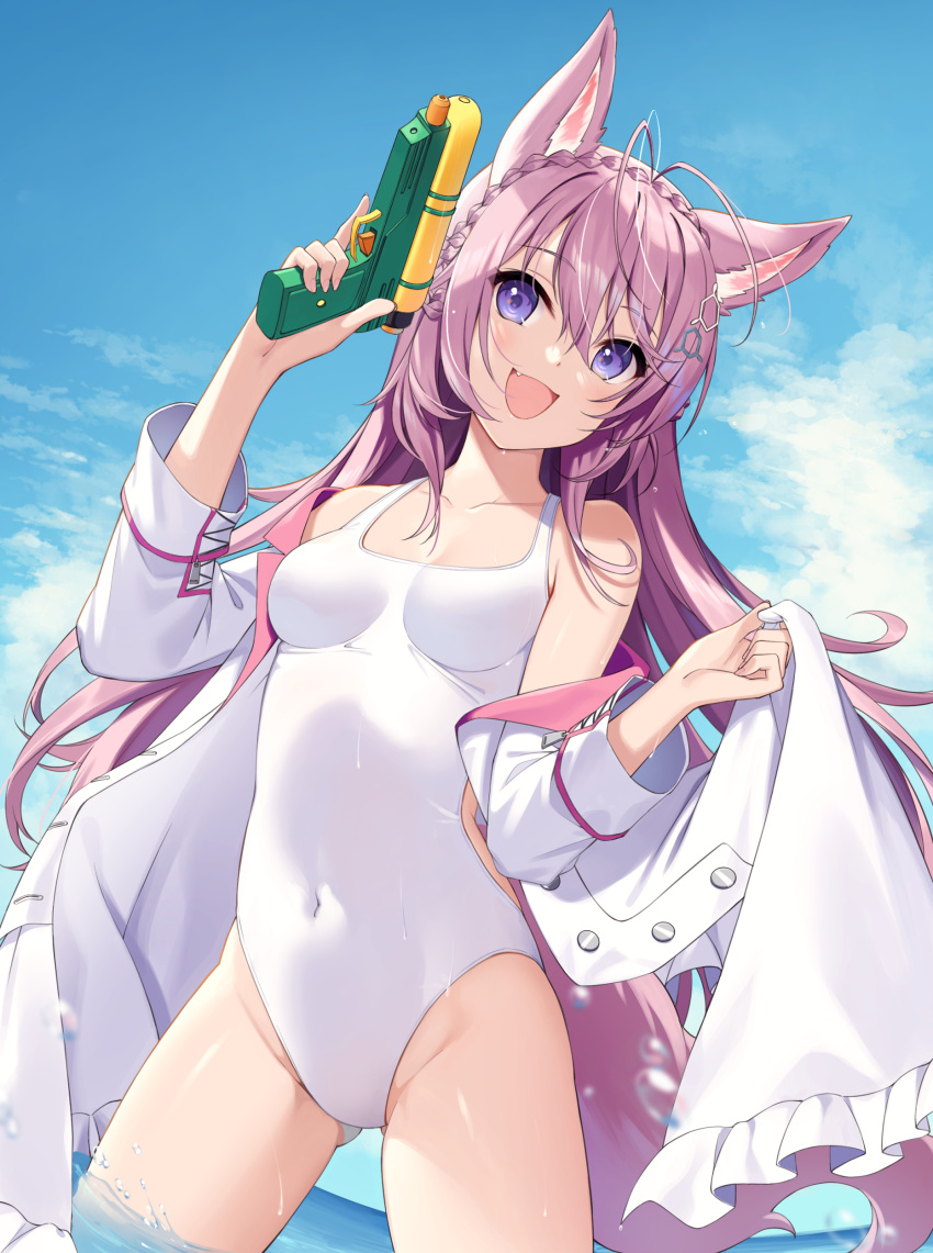 1girl :d absurdres akanebi animal_ear_fluff animal_ears bare_shoulders blue_sky braid breasts cloud covered_navel day fang hair_ornament hakui_koyori hexagon_hair_ornament highres hololive long_hair looking_at_viewer navel off_shoulder one-piece_swimsuit open_mouth outdoors pink_hair purple_eyes sky smile solo standing swimsuit tail trigger_discipline wading water water_gun white_one-piece_swimsuit wolf_tail