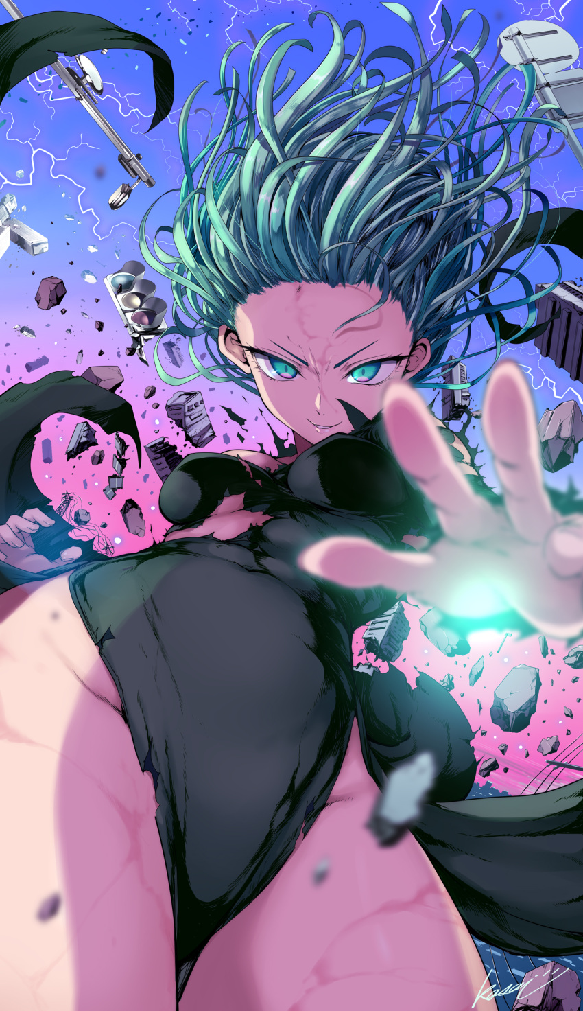 1girl absurdres black_dress breasts commentary dress evil_smile foreshortening from_below green_eyes green_hair groin highres kasai_shin lamppost looking_at_viewer looking_down one-punch_man parted_lips pelvic_curtain reaching reaching_towards_viewer road_sign rock sign signature small_breasts smile solo tatsumaki telekinesis thighs torn_clothes torn_dress twisted_torso underboob v-shaped_eyebrows