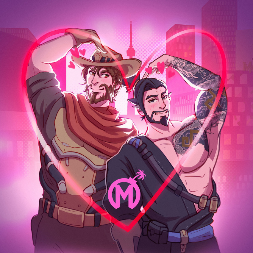 2boys arm_tattoo armpits beard belt black_hair blush brown_eyes brown_gloves brown_hair brown_pants cassidy_(overwatch) closed_mouth cowboy cowboy_hat facial_hair florida_mayhem gloves hair_between_eyes hanzo_(overwatch) hat heart heart_arms_duo height_difference highres japanese_clothes josem_arts logo looking_at_viewer male_focus multiple_boys muscular nipples overwatch overwatch_1 overwatch_league pants pectorals pink_background ponytail second-party_source short_hair smile tattoo upper_body yaoi