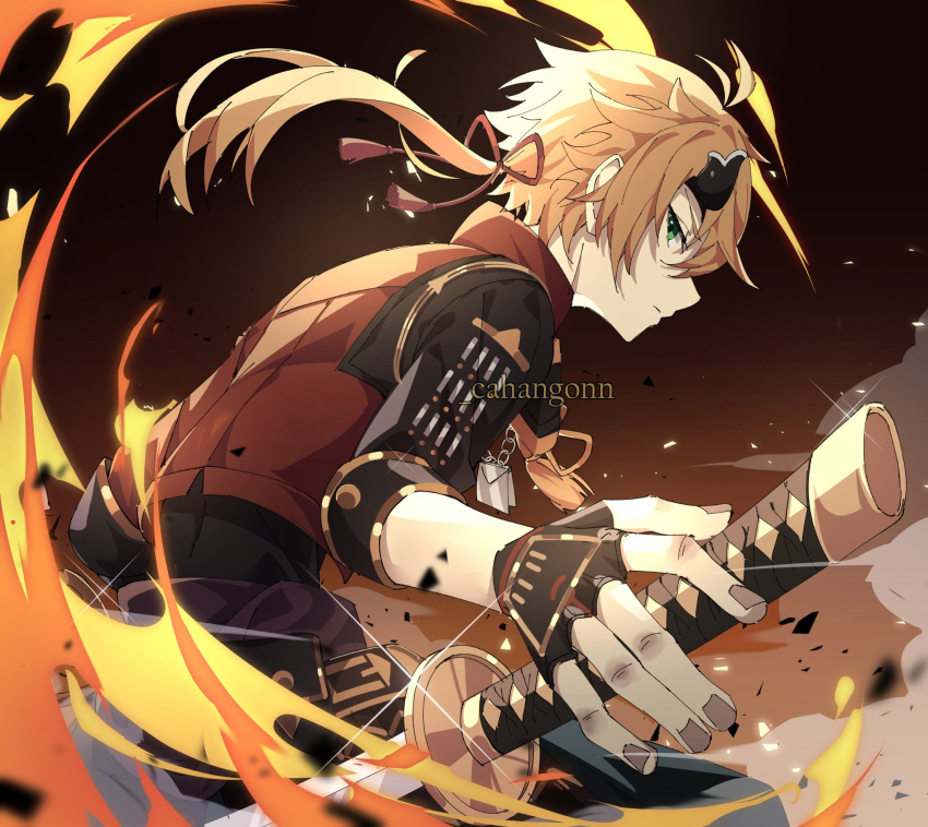 black_gloves black_pants black_shirt blonde_hair closed_mouth dog_tags english_commentary engrish_commentary fake_horns fingerless_gloves fire from_side genshin_impact gloves gradient_background green_eyes hair_ribbon highres holding holding_sword holding_weapon horned_headwear horns jacket katana long_sleeves looking_at_viewer pants ponytail red_jacket red_ribbon ribbon shiroi_ou shirt short_hair_with_long_locks solo sword tassel thoma_(genshin_impact) weapon