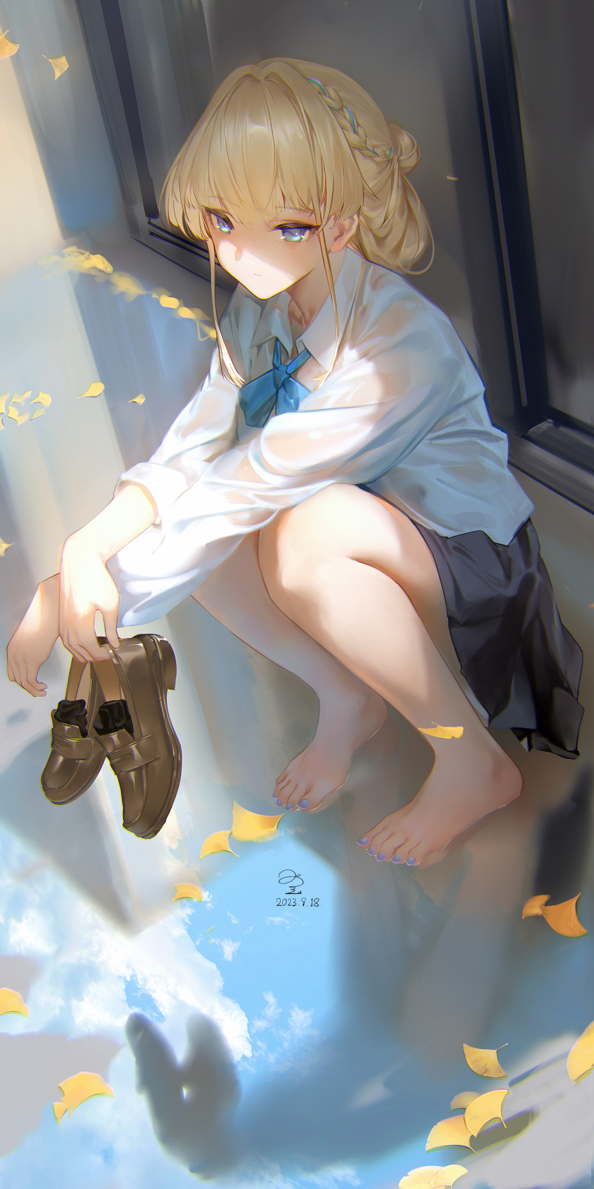 1girl absurdres barefoot black_skirt blonde_hair blue_archive blue_bow blue_bowtie blue_eyes blue_nails bow bowtie braid dated full_body ginkgo_leaf hair_intakes highres holding holding_shoes leaf loafers nail_polish ribao shirt shoes signature skirt solo squatting toenail_polish toenails toki_(blue_archive) white_shirt