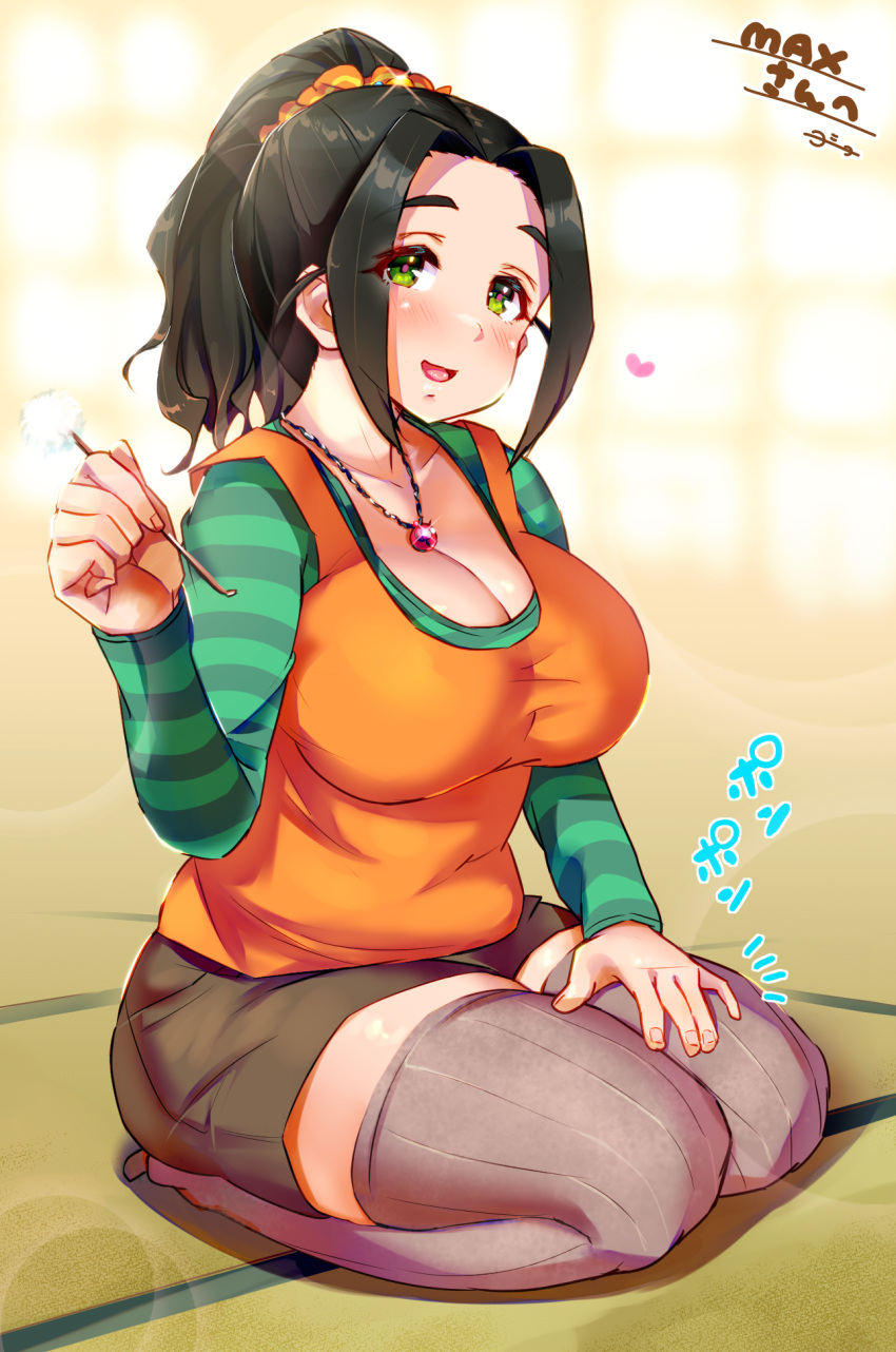 1girl :d black_hair breasts curvy ear_cleaning ebihara_naho green_eyes green_sleeves grey_thighhighs heart highres idolmaster idolmaster_cinderella_girls impossible_clothes indoors jewelry large_breasts looking_at_viewer mimikaki necklace orange_shirt ponytail shirt sitting smile solo striped_sleeves tatami thighhighs yosyo