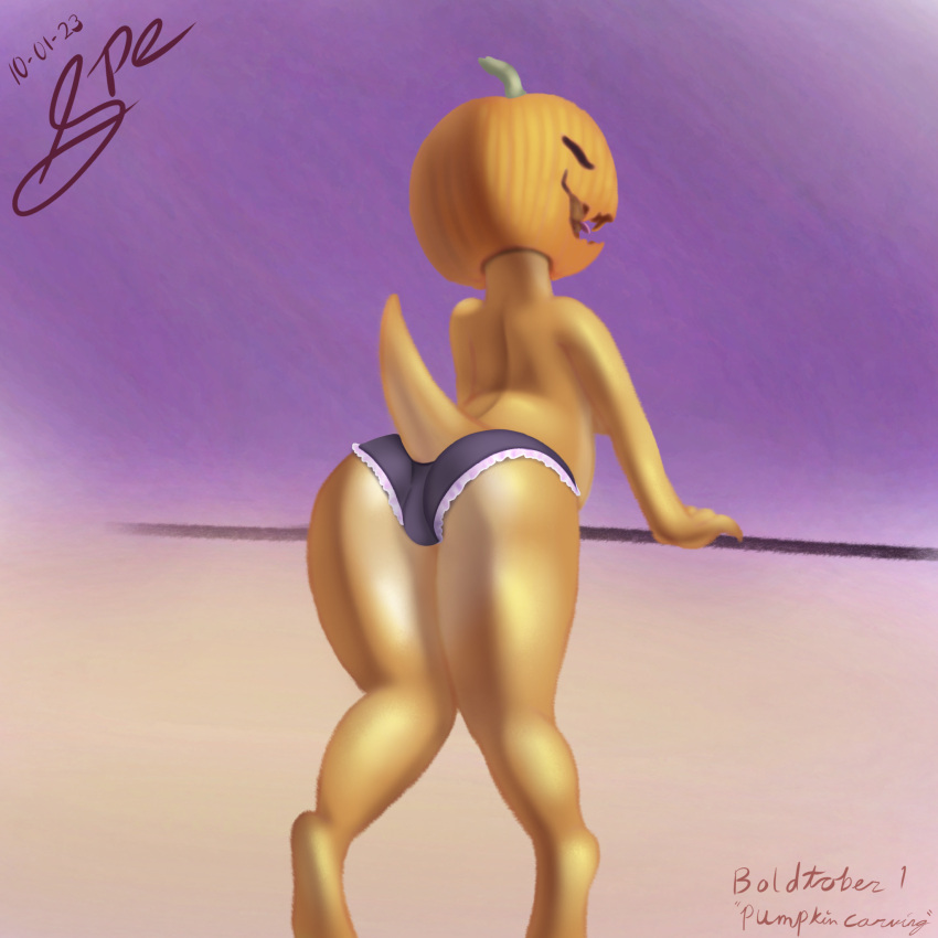 2023 blep breasts butt clothed clothing dated digital_drawing_(artwork) digital_media_(artwork) digitigrade english_text female food frilly frilly_clothing frilly_panties frilly_underwear fruit hi_res jack-o'-lantern kobold non-mammal_breasts orange_body panties panties_only pinup plant pose presenting presenting_hindquarters pumpkin purple_clothing purple_panties purple_underwear raised_tail rear_view scalie shaded short_tail signature soft_shading solo spe tail tapering_tail text thick_tail thick_thighs tongue tongue_out topless underwear underwear_only