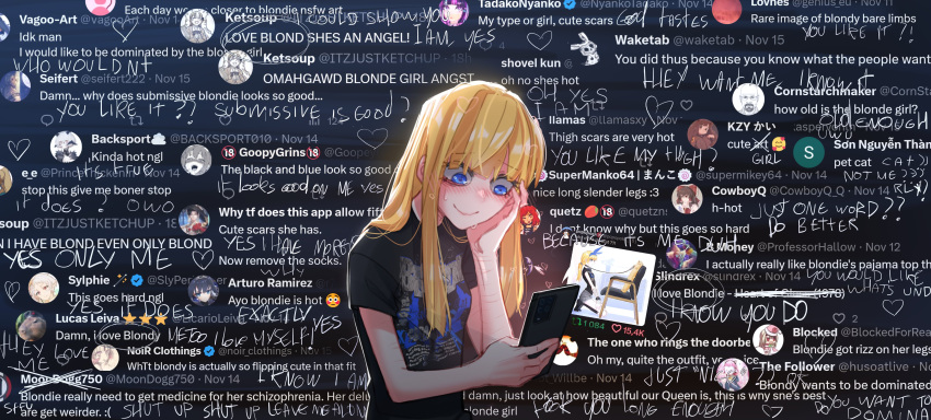 1girl absurdres black_shirt blonde_girl_(popopoka) blonde_hair blue_eyes blush breasts closed_mouth english_text hand_up highres holding holding_phone long_hair original phone popopoka print_shirt scar scar_on_arm shirt short_sleeves small_breasts smile solo sweat upper_body