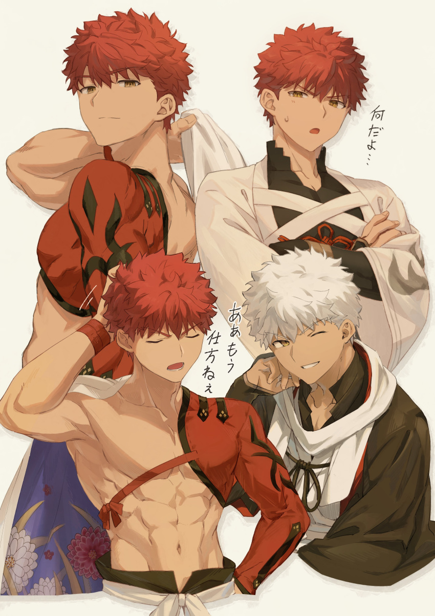 1boy abs absurdres cape closed_eyes emiya_shirou fate/grand_order fate_(series) highres holding holding_cape holding_clothes japanese_clothes kimono male_focus multiple_views muscular muscular_male navel nipples okonon_(kado_colda) one_eye_closed red_hair senji_muramasa_(fate) senji_muramasa_(second_ascension)_(fate) senji_muramasa_(third_ascension)_(fate) short_hair single_bare_shoulder smile translation_request white_cape white_hair wristband