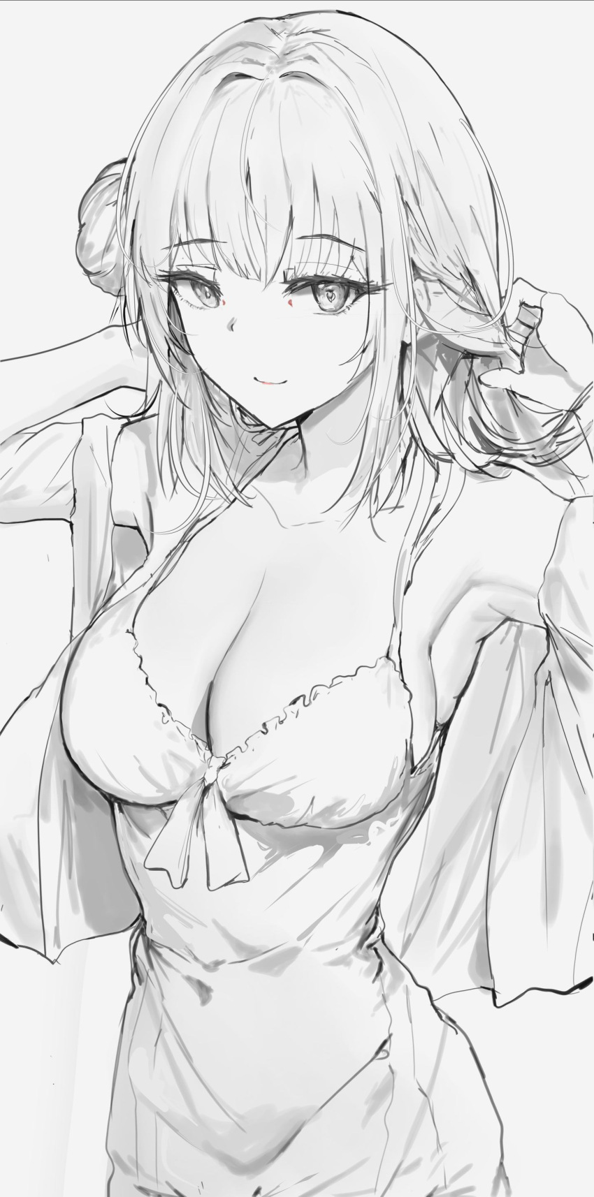 1girl absurdres adjusting_hair armpits blue_archive breasts camisole cleavage closed_mouth collarbone hair_bun highres large_breasts long_hair looking_at_viewer mika_(blue_archive) no_halo sidelocks single_side_bun sketch solo upper_body vloodozer