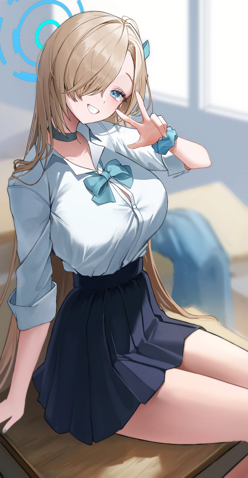 1girl absurdres asuna_(blue_archive) asymmetrical_bangs blue_archive blue_eyes blue_nails blurry blurry_background bow bowtie breasts button_gap choker classroom collared_shirt desk grin hair_over_one_eye hair_ribbon halo head_tilt high-waist_skirt highres large_breasts light_brown_hair long_hair long_sleeves looking_at_viewer miniskirt on_desk pleated_skirt ribbon school_uniform scrunchie seo_pport shirt shirt_tucked_in sitting skirt sleeves_rolled_up smile solo tented_shirt very_long_hair w white_shirt wrist_scrunchie