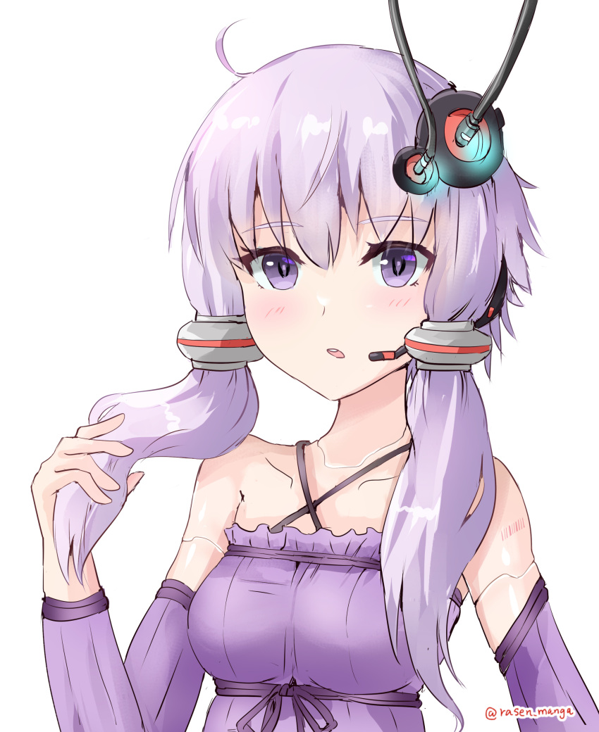 absurdres android barcode breasts dress hair_ornament headset highres joints maintenance open_mouth purple_dress purple_eyes purple_hair purple_sleeves rasen_manga robot_joints small_breasts voiceroid wire yuzuki_yukari