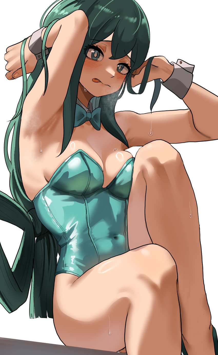 1girl :p absurdres armpits asui_tsuyu bare_legs boku_no_hero_academia bow bowtie breasts commentary green_bow green_bowtie green_hair green_leotard highres leotard long_hair medium_breasts playboy_bunny simple_background sitting solo thighs tongue tongue_out white_background zd_(pixiv6210083)